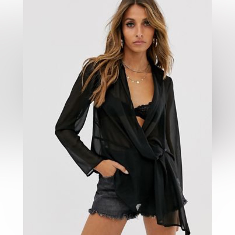 ASOS DESIGN long sleeve black drape wrap top in sheer NEW 14